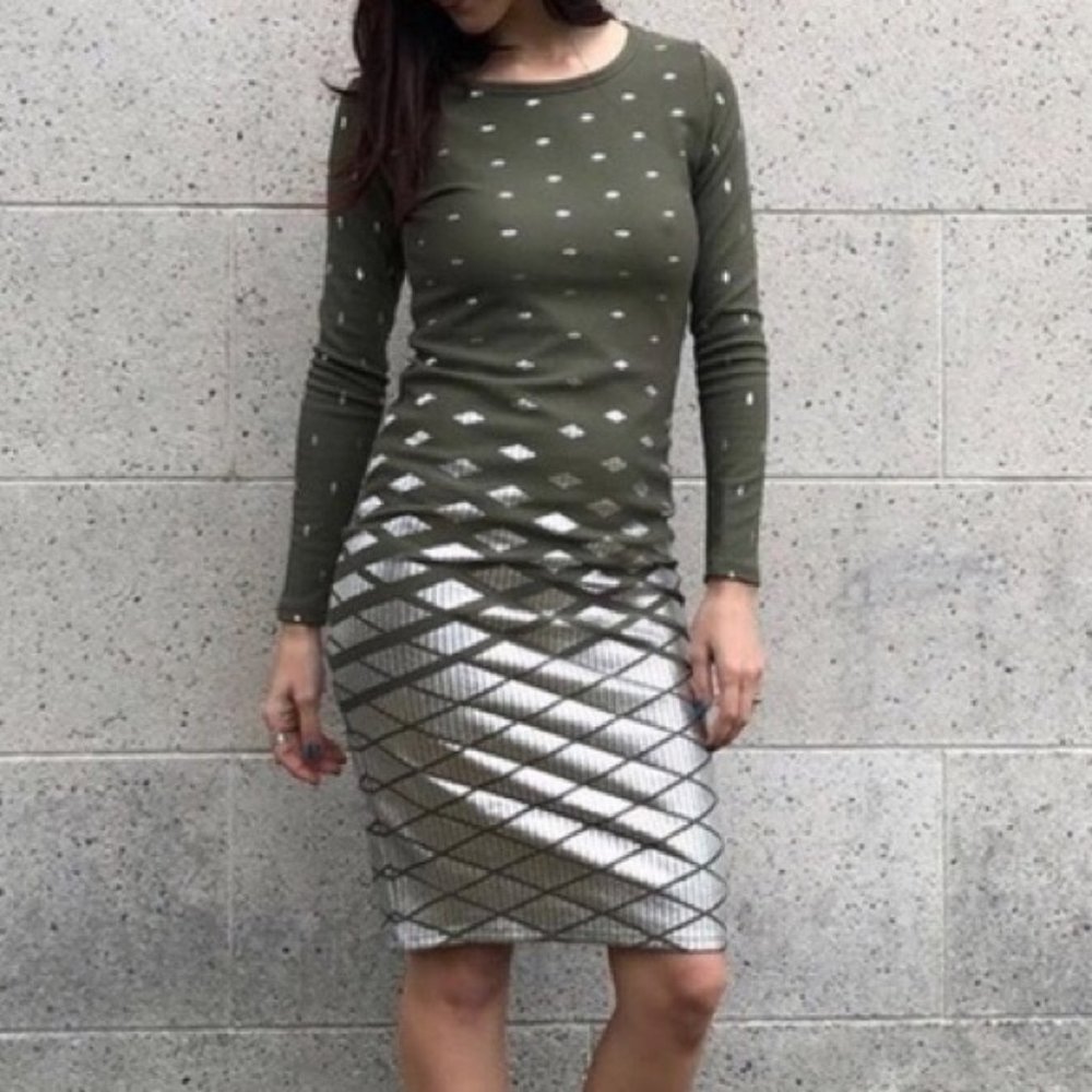 LuLaRoe Debbie Dress, Olive and Silver Size XS